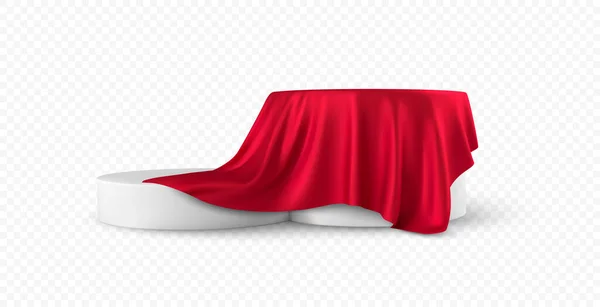 Realista 3d redondo blanco producto podio pantalla cubierta de tela roja pliegues cortinas aisladas sobre fondo blanco. Ilustración vectorial — Vector de stock