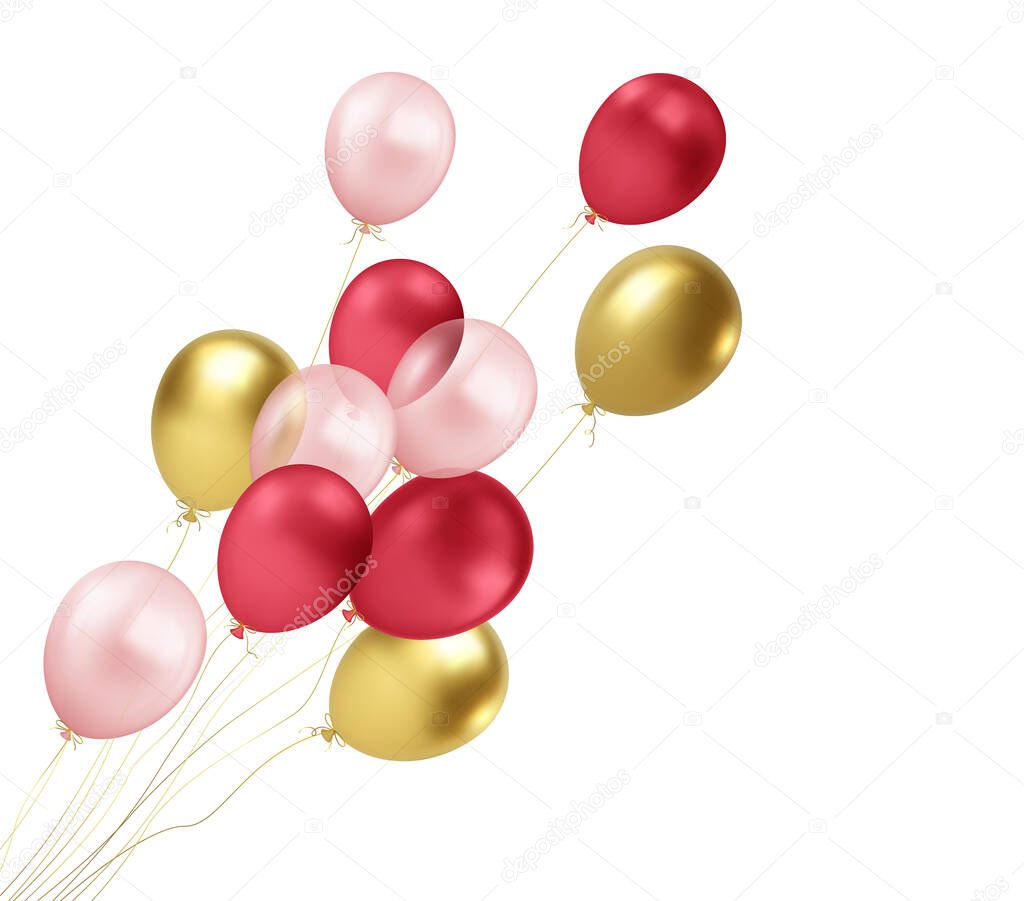 Realistic gold, red, pink balloons flying isolated on white background. Design element for greeting anniversary poster, postcard. Vector illustration