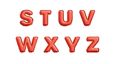 Gerçekçi kırmızı metalik folyo balonları beyaz arka planda izole edilmiş alfabe. Alfabenin S U V X Y Z harfleri. Vektör illüstrasyonu