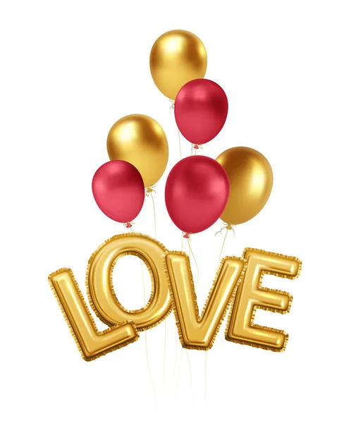 Šťastný Valentýn zlato a červené balónky s nápisem láska ze zlaté fólie helium balónky. Pro slavnostní design letáku, plakátu, karty, banneru. Vektorová ilustrace — Stockový vektor