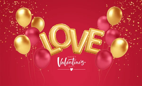 Happy Valentines Day gold and red balloons with the inscription love from gold foil helium balloons. For festive design of flyer, poster, card, banner. Vector illustration — Stock Vector