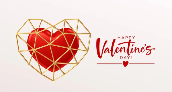 Valentijnsdag template ontwerp met rood hart en goud laag poly hart vorm frame. Vectorillustratie — Stockvector
