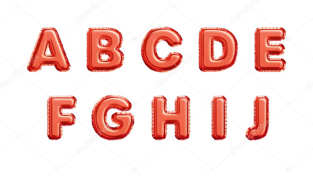 Realistic red gold metallic foil balloons alphabet isolated on white background. A B C D E F G H I J letters of the alphabet. Vector illustration