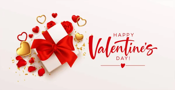 Valentines day design template with gift box with red bow, gold and red hearts on white background. Vector illustration — Stock Vector