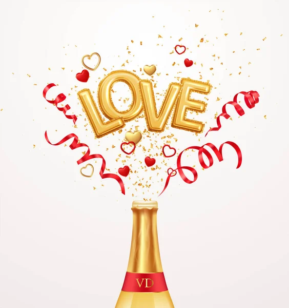 Inscription love helium balloons on a background of golden confetti and red swirling streamer ribbons flying out of a bottle of champagne. Happy valentines day festive background. Vector illustration — Wektor stockowy