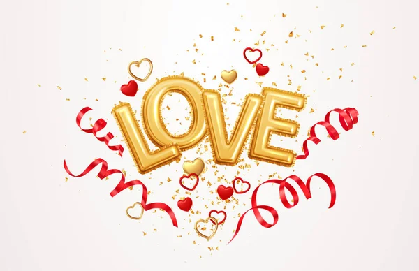 Inscriptie liefde helium ballonnen op een achtergrond van gouden confetti en rode wervelende streamer linten Happy Valentines Day feestelijke achtergrond. Vectorillustratie — Stockvector