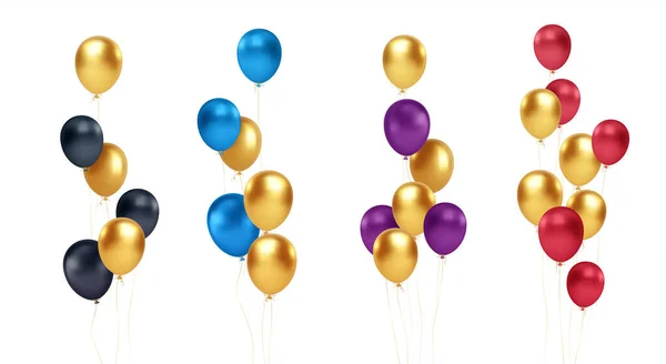 Set van feestelijke boeketten van goud, blauw, rood, zwart en paars ballonnen geïsoleerd op witte achtergrond. Vectorillustratie — Stockvector