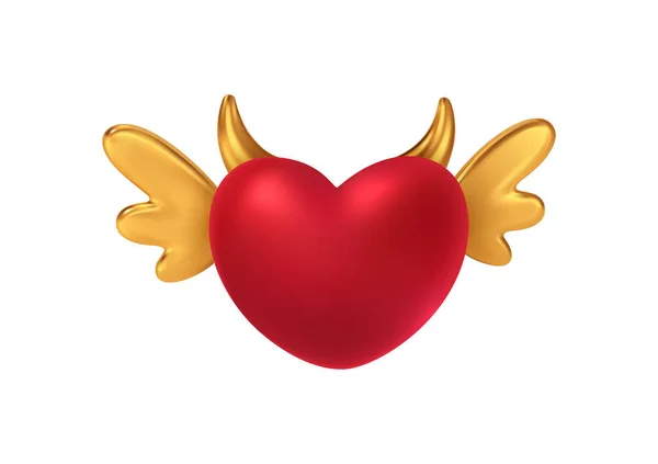 Red shiny heart shape with golden wings and horns. Concept symbol for Happy Valentines Day. Vector illustration — Stock Vector