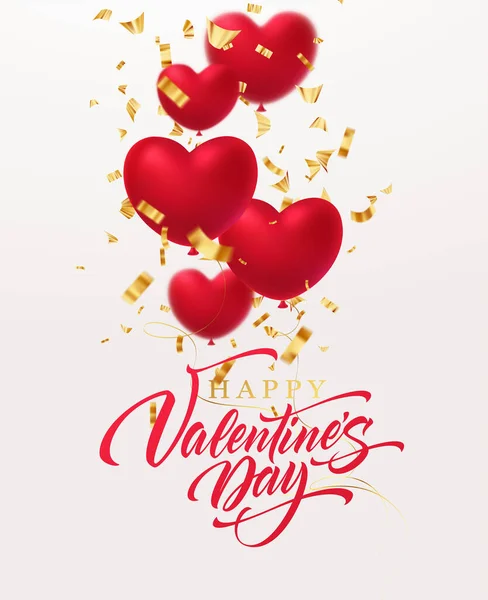 Red glittering heart shape balloons with gold glittering confetti inscription Happy Valentines Day isolated on white backgroundVector illustration — Stock Vector