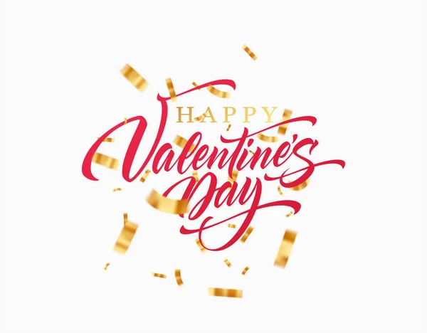 Lettering Happy Valentines day with golden glittering confetti isolated on white background.Vector illustration — Wektor stockowy