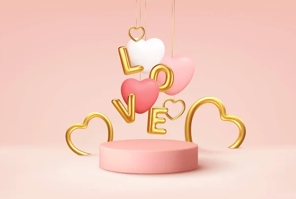 Prázdné růžové produktové pódium scéna s růžové a bílé srdce ve tvaru balónky a zlaté slovo láska balónky. Design koncepce pro Happy Valentines Day. Vektorová ilustrace — Stockový vektor