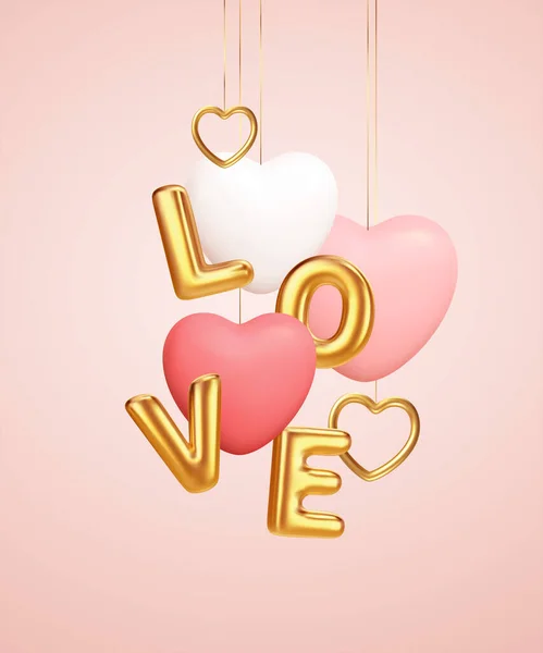 Empty pink product podium scene with pink and white heart shape balloons and gold word love balloons. Design concept for Happy Valentines Day. Vector illustration — Stock Vector