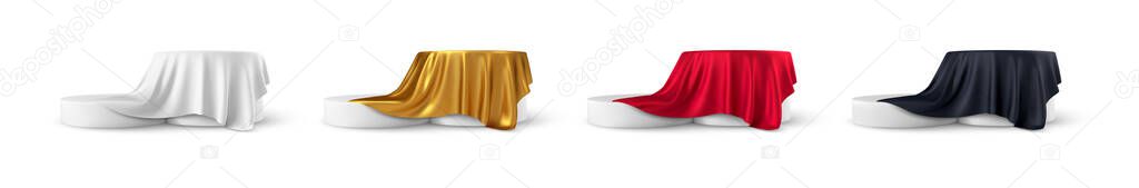 Set of realistic 3d round product podium display covered with fabric drapery folds isolated on white background. White, red, black, gold color shiny silk fabric. Vector illustration