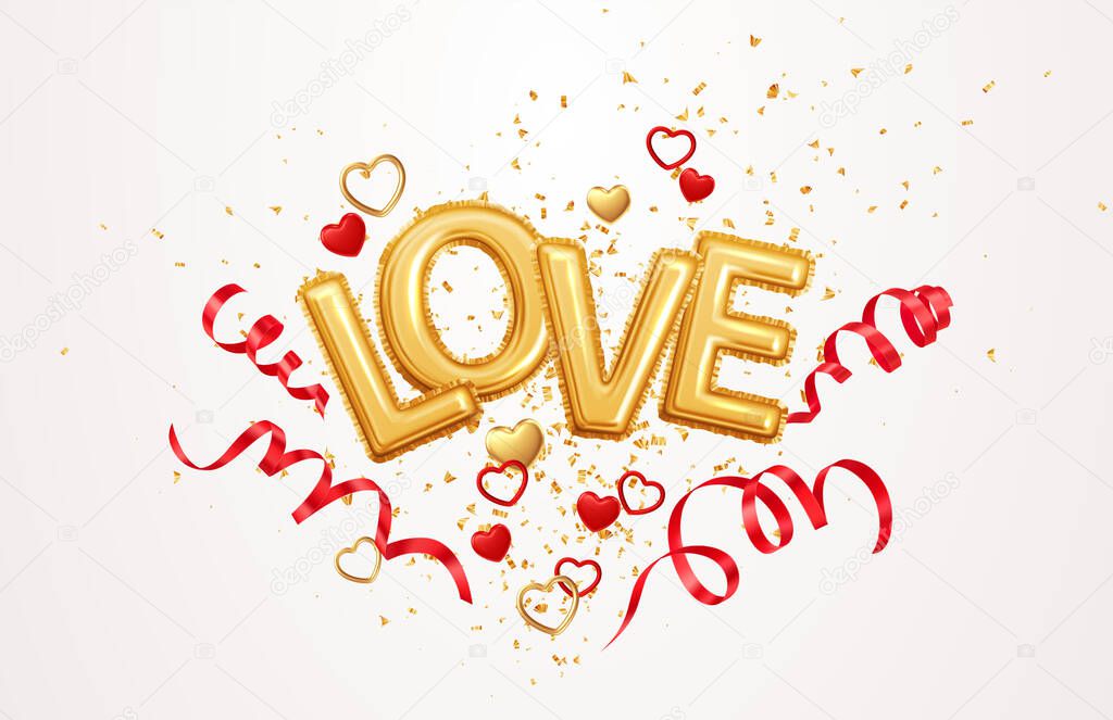 Inscription love helium balloons on a background of golden confetti and red swirling streamer ribbons Happy Valentines Day festive background. Vector illustration
