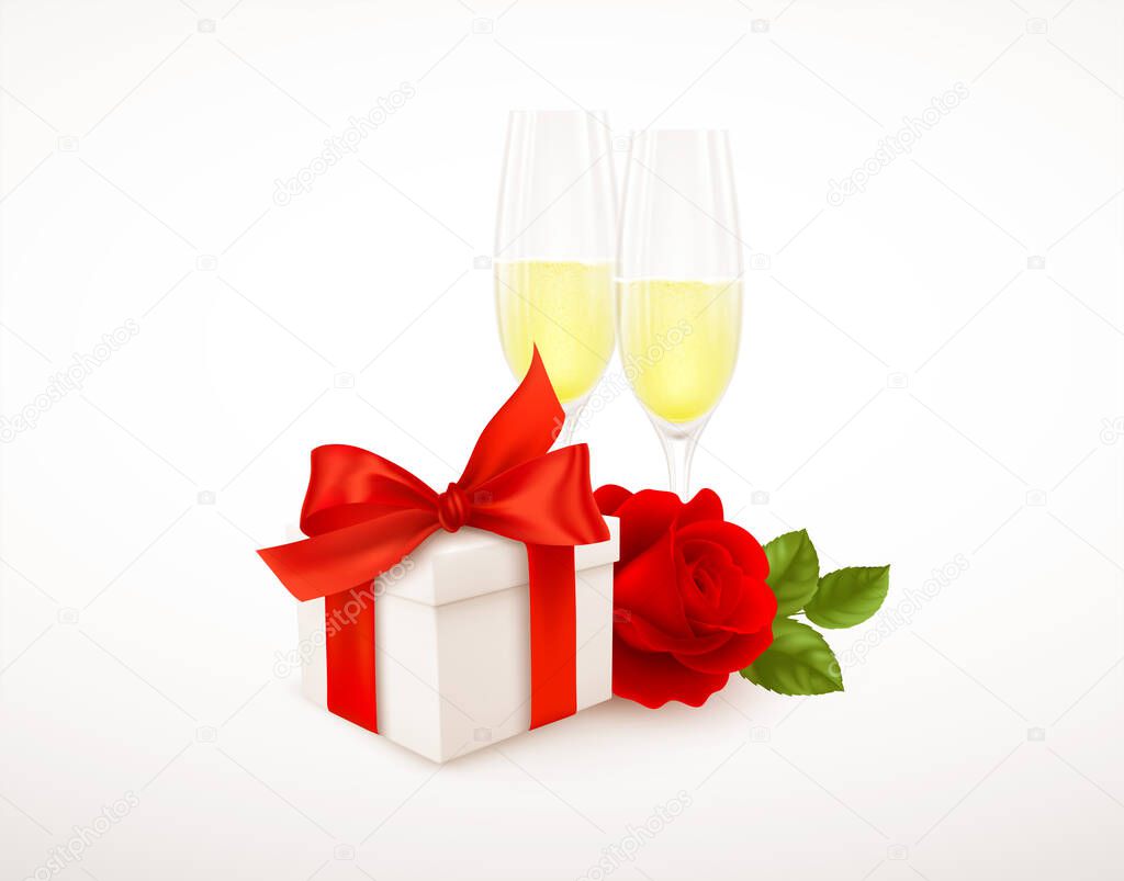 Realistic white gift box with red bow ribbon, two glasses of champagne and red rose isolated on white background. Design element for Happy Valentines Day greetings. Vector illustration