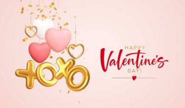 Design concept for a poster background for Valentines Day with gold, red different heart shapes and an inscription xoxo from gold foil balloons. Vector illustration clipart