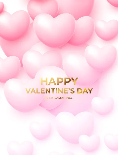 Concepto de diseño para cartel del día de San Valentín con globos voladores rosados y blancos con letras doradas Feliz Día de San Valentín. Ilustración vectorial — Vector de stock