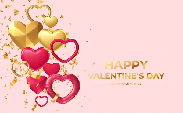 Sevgililer Günü için altın rengi, farklı kalp şekilleri olan bir poster tasarımı. Vektör illüstrasyonu — Stok Vektör