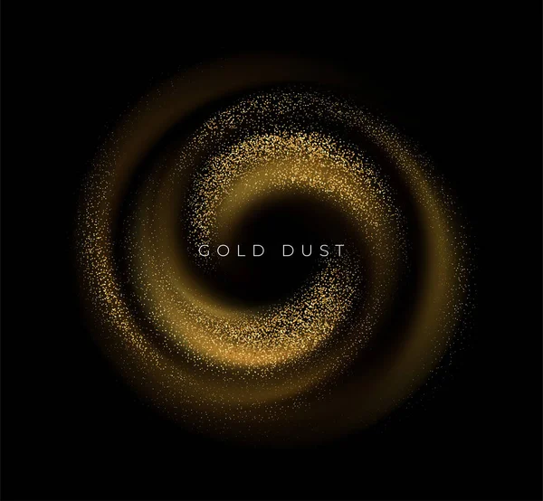 Zlaté flitry třpytí prach víří izolované na černém pozadí. Vektorová ilustrace — Stockový vektor