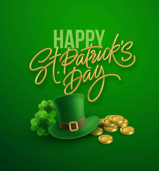 Happy St. Patricks Day pozdrav pozadí pro pohlednici, banner, plakát. Leprechaun s jetelovými listy a zlatými mincemi. Vektorová ilustrace — Stockový vektor