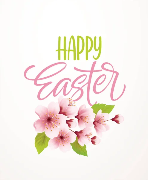 Veselé Velikonoce rukopis na pozadí s kvetoucí jarní třešňové větve. Vektorová ilustrace — Stockový vektor