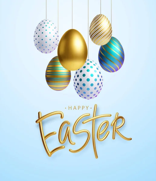 Fondo de saludo de Pascua con realistas huevos de Pascua dorados, azules y blancos. Ilustración vectorial — Vector de stock