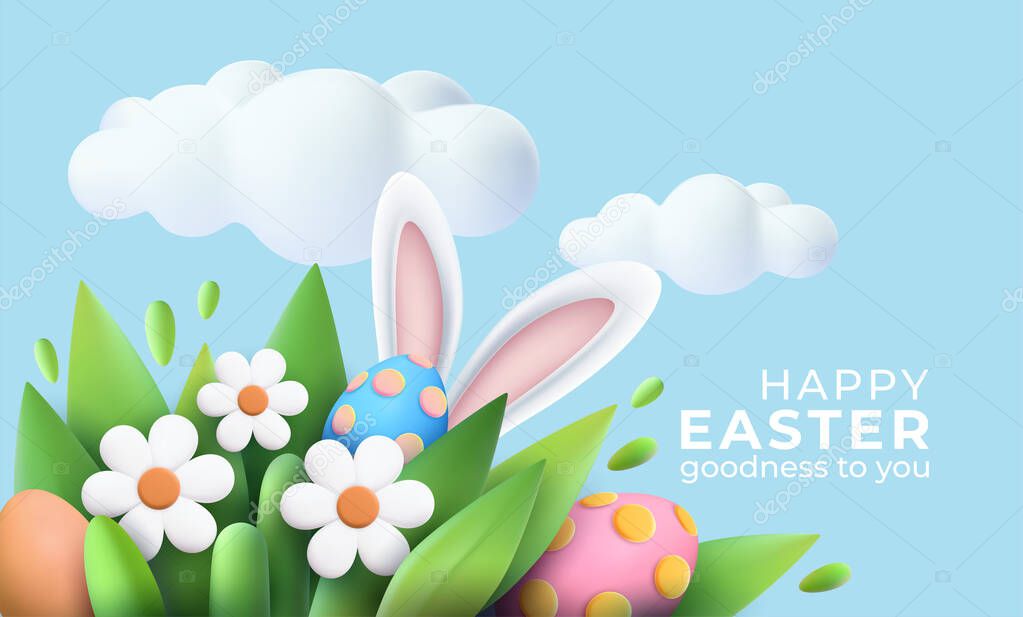 3D trendy Realistic Easter greeting card, banner with flowers, Easter eggs and clouds. Spring floral Modern 3d Easter graphic concept. Vector illustration