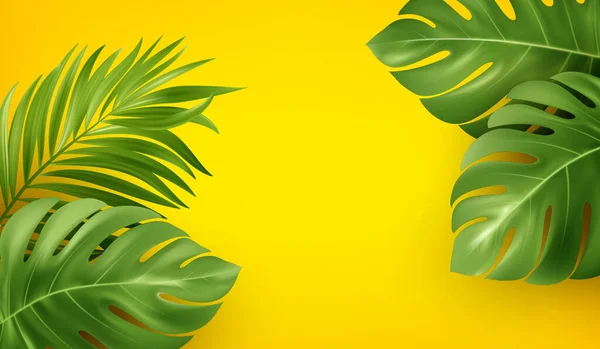 Fondo amarillo brillante del verano con monstera realista tropical y hojas de palma. Diseño de fondo para folleto publicitario, banner, volante. Ilustración vectorial — Vector de stock