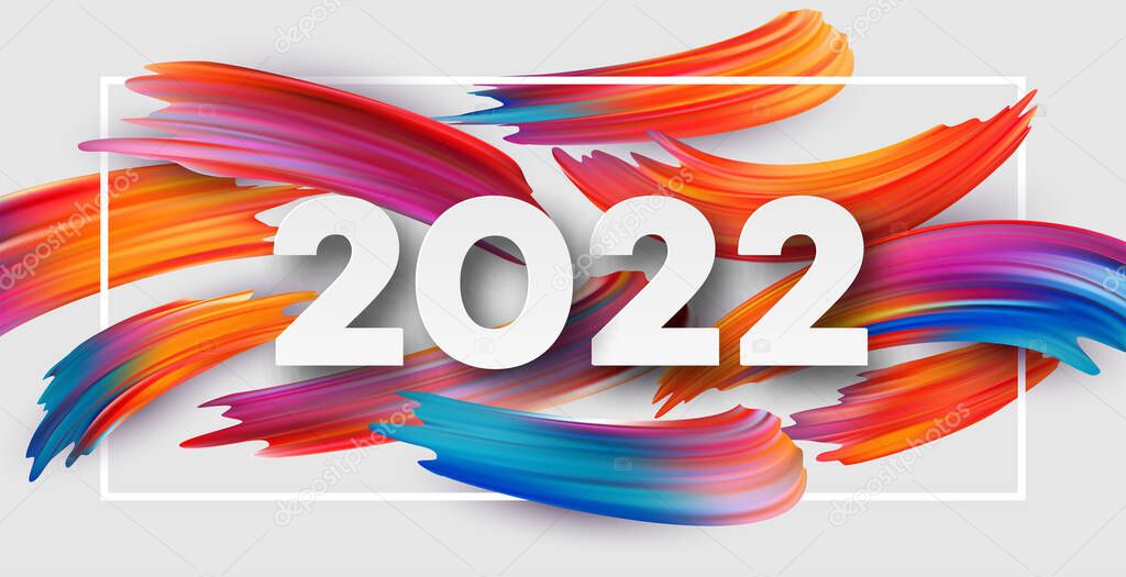 Calendar header 2022 number on colorful abstract color paint brush strokes background. Happy 2022 new year colorful background. Vector illustration