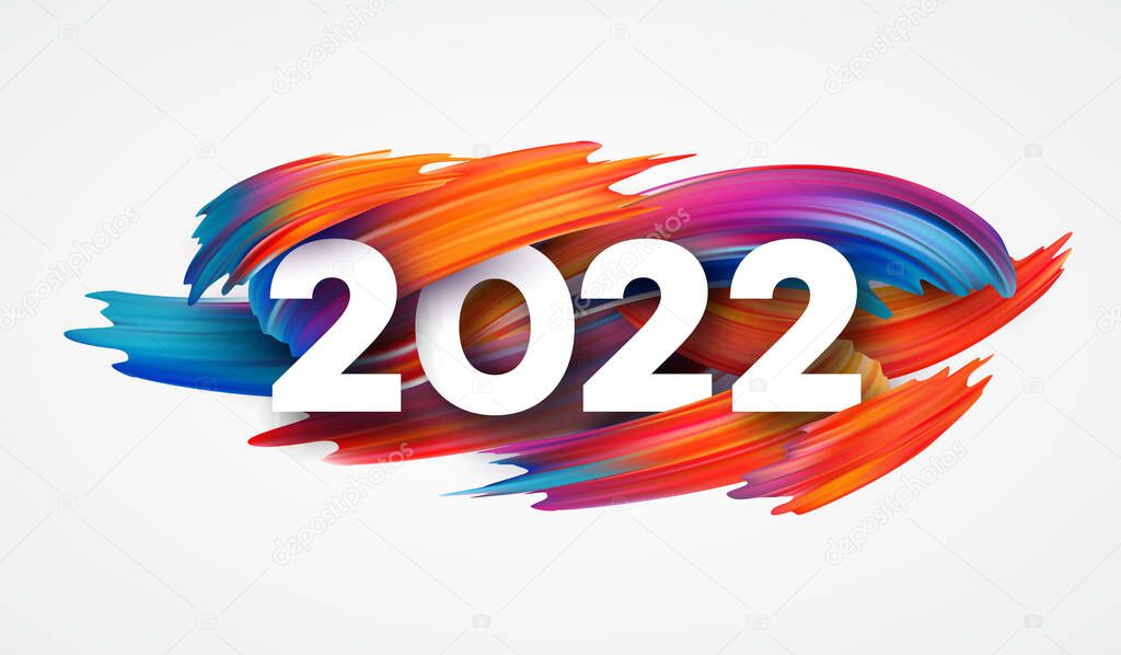 Calendar header 2022 number on colorful abstract color paint brush strokes background. Happy 2022 new year colorful background. Vector illustration