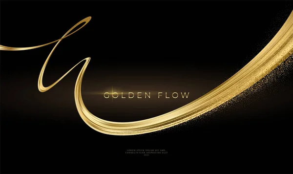 Goldener Wellenfluss und goldener Glanz auf schwarzem Hintergrund. Abstrakte glänzende Farbe Gold Welle Luxus Hintergrund. Luxus-Goldfluss Tapete. Vektorillustration — Stockvektor