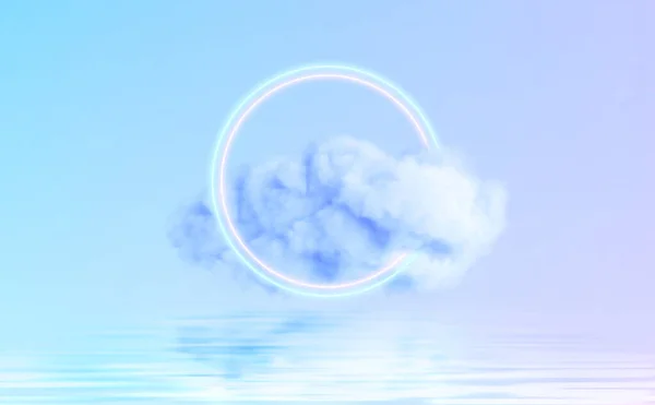 Neon Circle σχήμα σε ένα σύννεφο ομίχλης αντανακλάται στο νερό. Σύγχρονη τάση 3d εννοιολογικό υπόβαθρο σχεδιασμού. Μπλε βιολετί ροζ χρώματα. Εικονογράφηση διανύσματος — Διανυσματικό Αρχείο
