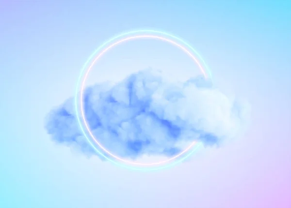Λαμπερό σχήμα νέον κύκλο σε ένα σύννεφο ομίχλης. Σύγχρονη τάση 3d εννοιολογικό υπόβαθρο σχεδιασμού. Μπλε βιολετί ροζ χρώματα. Εικονογράφηση διανύσματος — Διανυσματικό Αρχείο