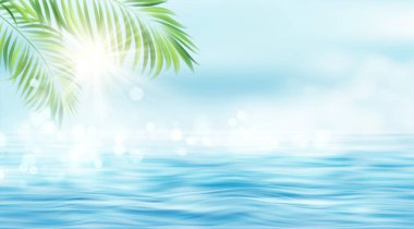 Yaz deniz manzarası. Güneş ışınları ve deniz manzarasının arka planındaki palmiye yaprakları. Güneş ışınları Bokeh etkisini bulanıklaştırdı. Vektör illüstrasyonu