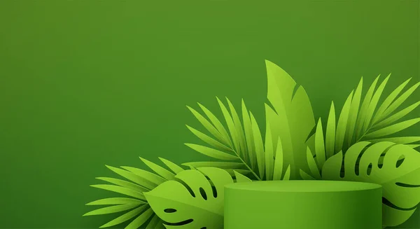 Yeşil kağıtlı ürün podyumu yeşil arka planda tropikal canavarlar ve palmiye yaprağı. Reklam için modern model şablonu. Vektör illüstrasyonu — Stok Vektör