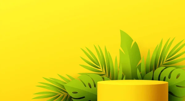 Pódium de producto amarillo con hoja de monstera cortada en papel sobre fondo amarillo. Plantilla de maqueta moderna para publicidad. Ilustración vectorial — Vector de stock