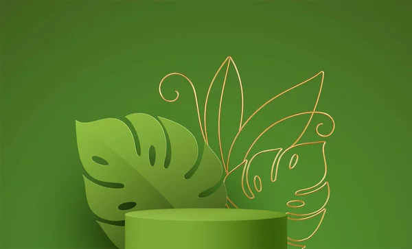 Produkt-Podium mit goldenem Monstera-Blatt auf grünem Hintergrund. Moderne Mockup-Vorlage für Werbung. Vektorillustration — Stockvektor