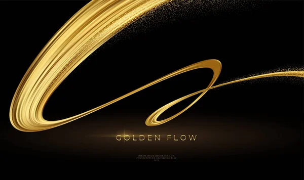 Modern 3d banner med guld flöde på svart bakgrund. Guld flöde våg linje mönster. Lyxig gyllene våg tapet. Vektorillustration — Stock vektor