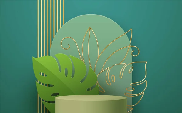 Pódio do produto com arte de linha de folha monstera dourada no fundo verde. Modelo moderno de mockup para publicidade. Ilustração vetorial — Vetor de Stock