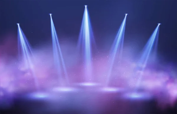 Rayons lumineux de projecteurs en bouffées de fumée violettes et bleues sur fond noir. Fond festif pour spectacle nocturne, fête, présentation. Illustration vectorielle — Image vectorielle