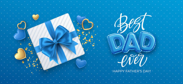 Best Dad Ever. Happy Fathers day Festive event banner. Happy birthday holiday background. Holiday gift box on the Blue background. Vector illustration Stock Illustration