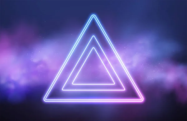 Marco de neón triángulo abstracto sobre fondo de humo rosa. Líneas de luz brillante vectorial. Fondo de neón oscuro. Ilustración vectorial — Archivo Imágenes Vectoriales