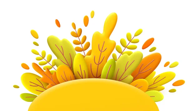 Bonjour Automne 3d fond minimal avec automne jaune, feuilles orange. 3d Fall laisse un arrière-plan pour la conception de bannières d'automne, affiches, publicités, cartes, ventes. Illustration vectorielle — Image vectorielle