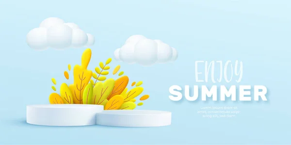 Desfrute de verão 3d fundo realista com nuvens, grama, folhas e pódio do produto em um fundo rosa. Ilustração vetorial —  Vetores de Stock
