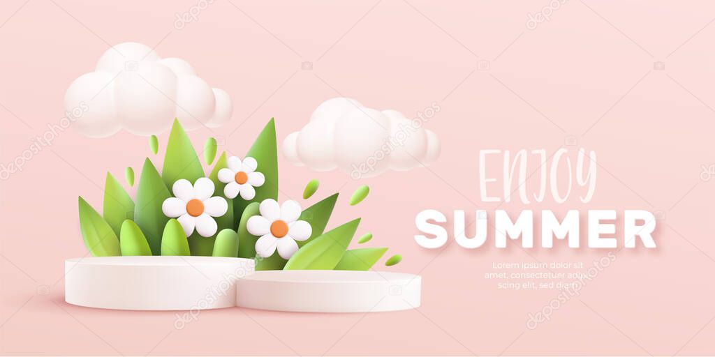 Enjoy Summer 3d realistic background with clouds, daisies, grass, leaves and product podium on a pink background. Vector illustration