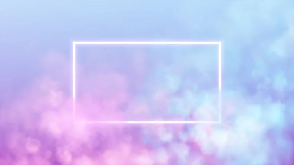 Marco de neón rectángulo abstracto sobre fondo de humo rosa y azul. Líneas de luz brillante vectorial. Fondo de neón oscuro. Ilustración vectorial — Vector de stock