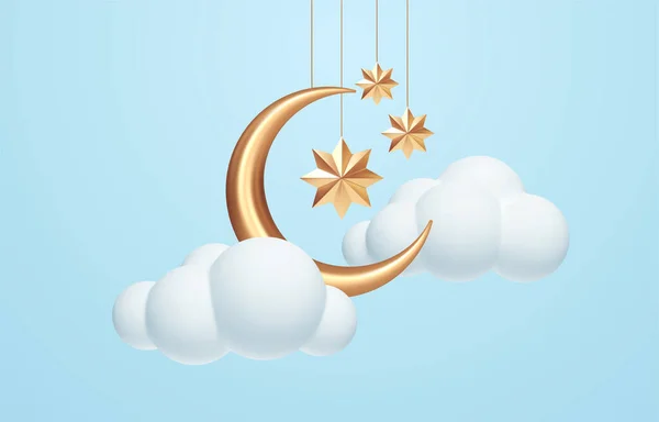 Croissant lune, étoiles dorées et nuages blancs style 3d isolé sur fond bleu. Rêve, berceuse, rêve fond design pour bannière, livret, affiche. Illustration vectorielle — Image vectorielle