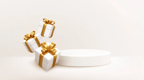 3D-stil Produkt pallplats med flygande fallande vit presentförpackning med guldbåge. God Jul och Nyår festlig banner design, gratulationskort. Vektorillustration — Stock vektor
