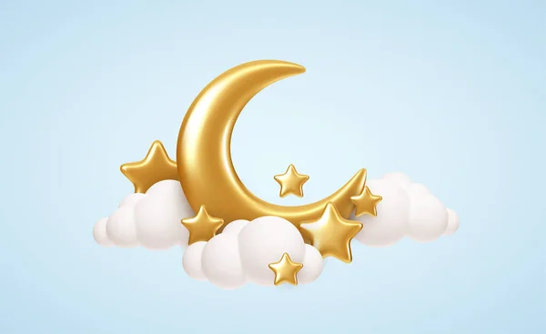 Crescent moon, golden stars and white clouds 3d style isolated on blue background. Dream, lullaby, dreams background design for banner, booklet, poster. Vector illustration — Stockvector