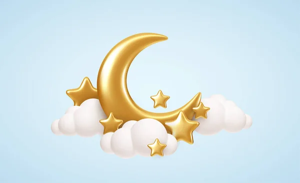 Luna di mezzaluna, stelle dorate e nuvole bianche stile 3d isolato su sfondo blu. Sogno, ninna nanna, disegno di sfondo sogni per banner, libretto, poster. Illustrazione vettoriale — Vettoriale Stock